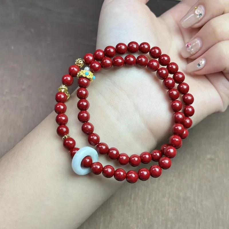 Natural Cinnabar Fashion Double-circle Bracelet with Running Ring, Simple Women's Model