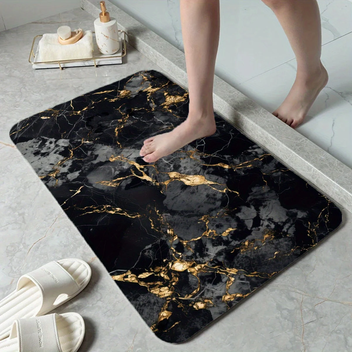 1pc, Black Marble Printed Pattern Carpet, Suitable for Bathroom Area, Bathroom Mat, Bathtub Mat, Bathroom Door Mat, Bathroom C