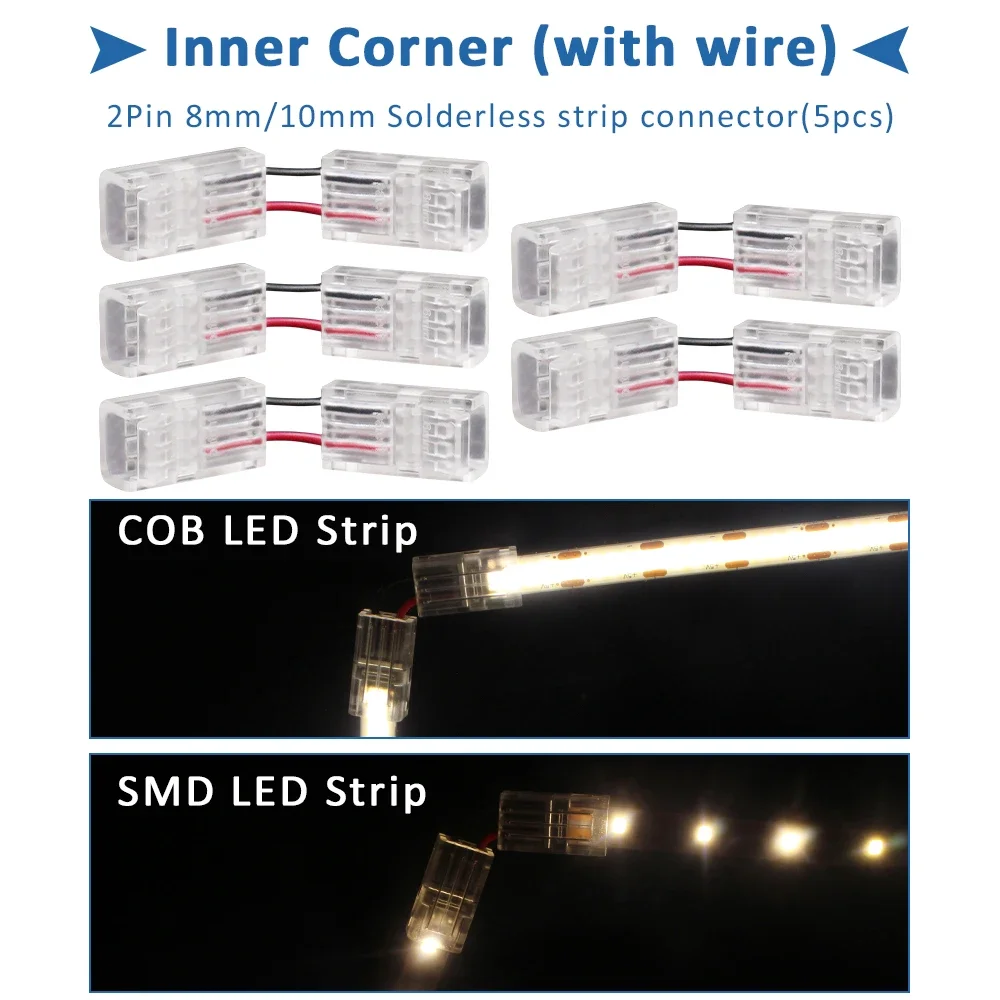 2 Pin 8mm 10mm LED Strips Connector Strip to Strip Power Wire Jumper Connectors Connect Terminal for 5050 2835 SMD COB Tape Lamp