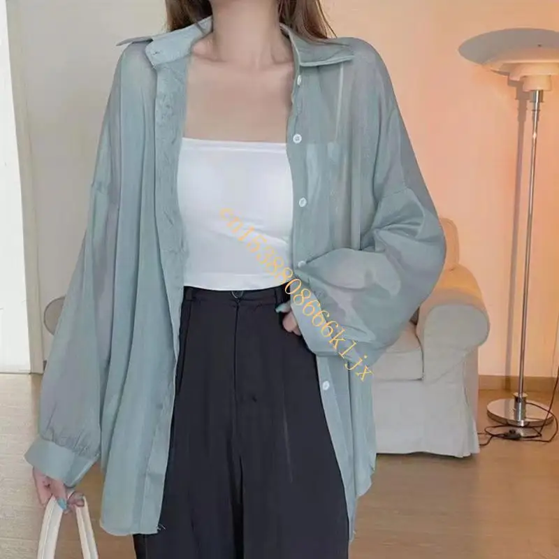 

Women Sheer Mesh Button Down Shirt Top Long Sleeve Drop Shoulder Blouses,Summer Sunscreens Shirt Outwear 066C