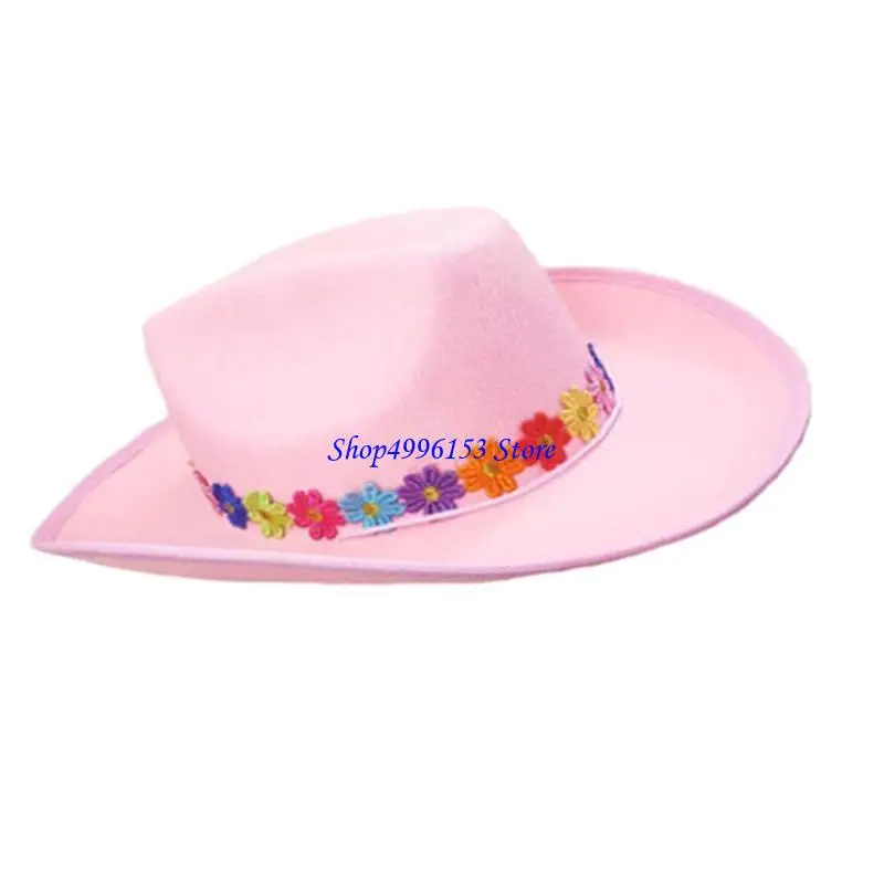 

Q0KE Women Costume Hat Western Pink Cowgirl Hat Wide Brim Hat Sunglasses Scarf Fashion Music Festival Cowboy Hats Party Props