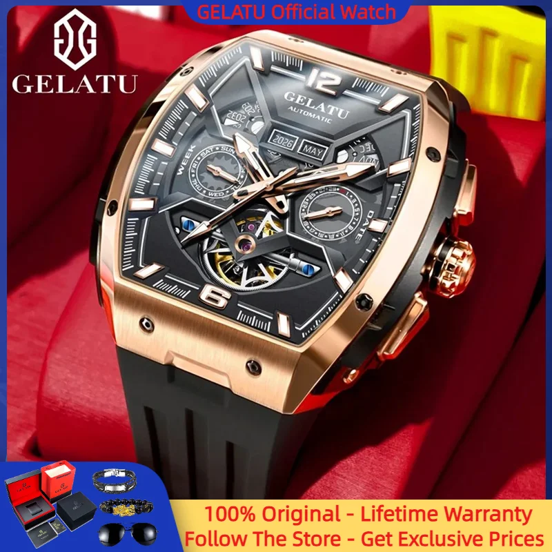 GELATU 6013 Men Watch Top Luxury Hollow All Automatic Mechanical Watch Multi functional Waterproof Original Business Men Watch
