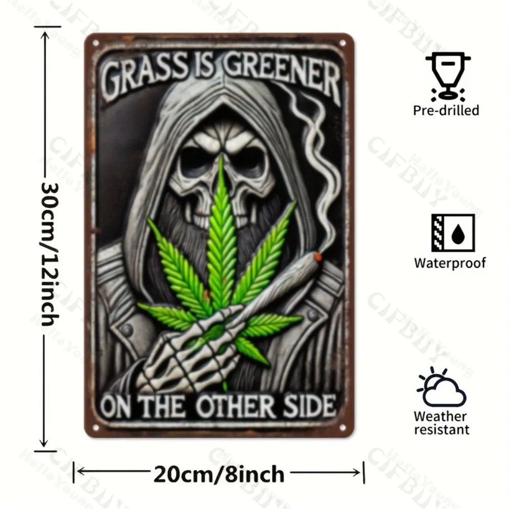 Multipurpose Aluminum Yard Sign 1 Pc Vintage Grim Reaper Cannabis Design Wall Hanging Metal Sign for Outdoor Indoor Bar Club