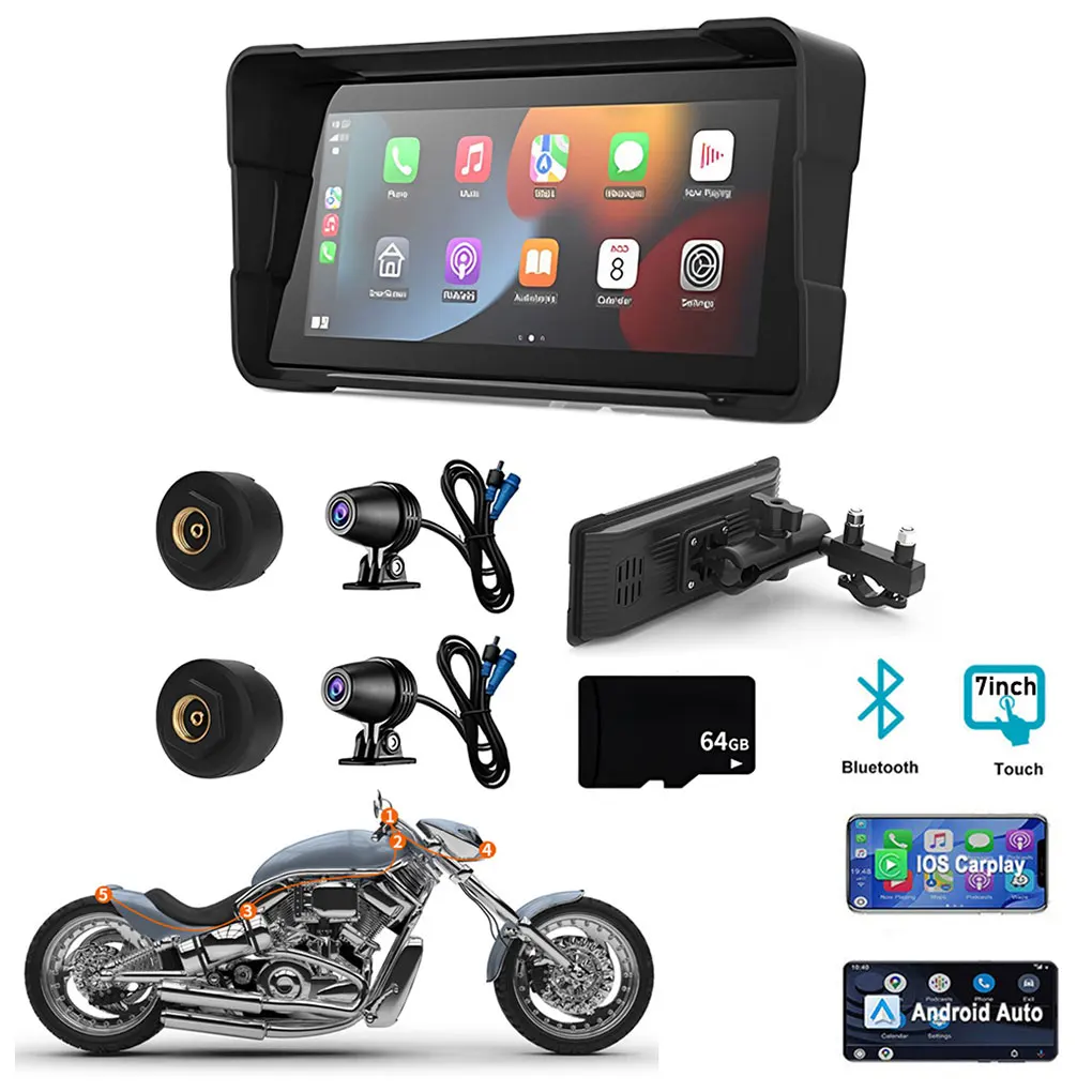 

For Motorcycle Dual DVR Driving Recorder with Wireless Car Playback Motorcycle Driving Recorder 7IPS Touch Screen with 64GB Card