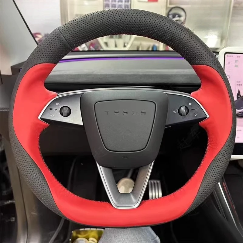 

Для Tesla New Model 3 Highland 2024 2025, сшитый вручную нескользящий черный, красный чехол на руль автомобиля из натуральной кожи