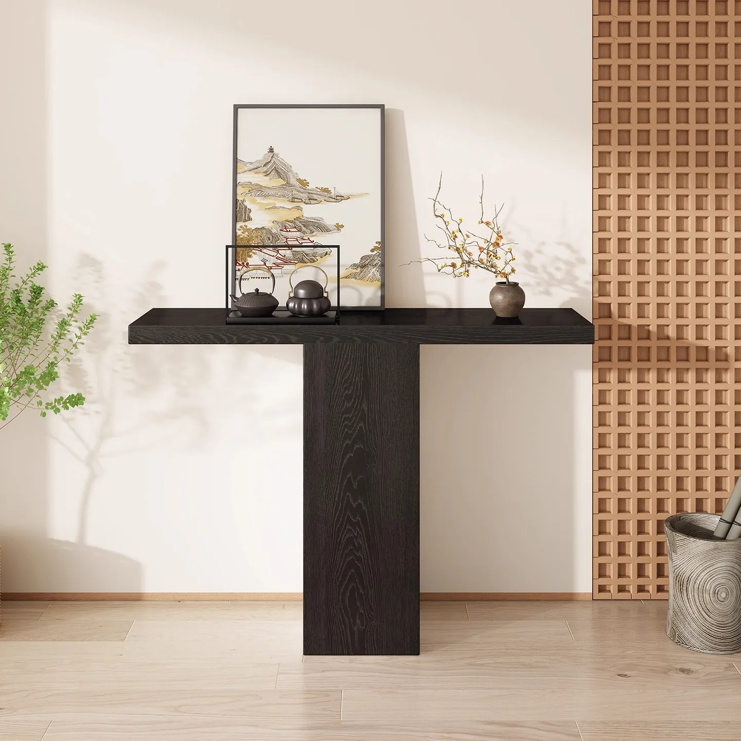 

Solid wood entrance table End view platform Modern homestay narrow tabl ornament wooden pile log carbonized wooden pier entranc