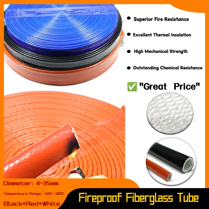 

1~10M Fiberglass Tube High Temperature Resistant Fireproof Sleeve Silicone Resin Coated Braided Fire Retardant Casing Pipe