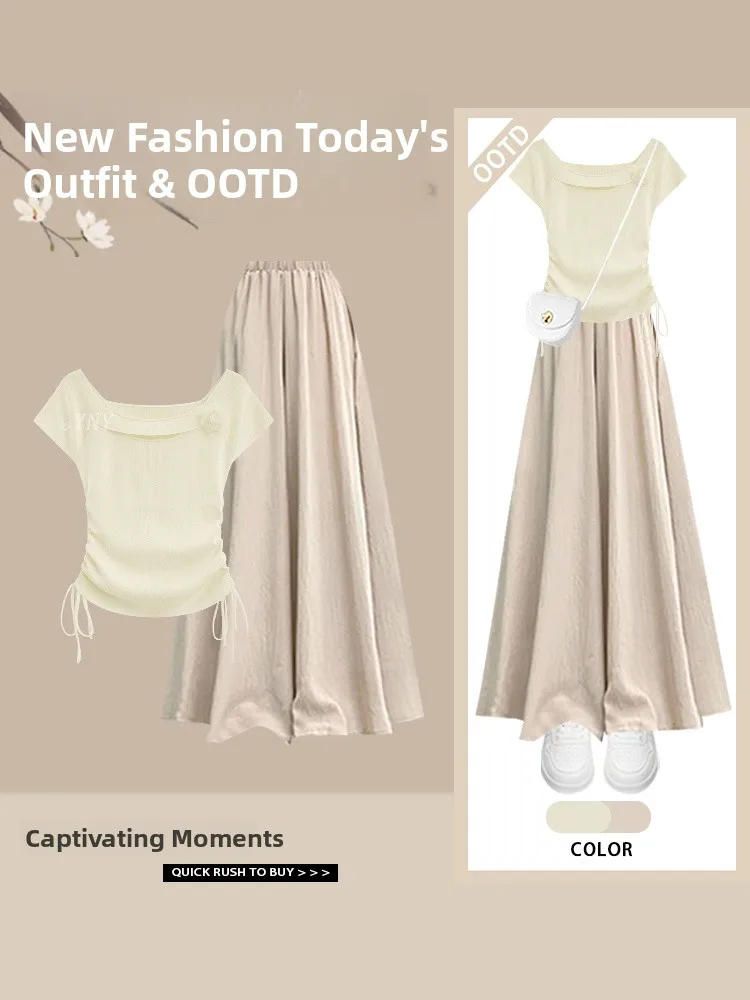 Korean Sle Slim Fit Women's T-irt Summer 2025 Faionable Design Casual Chic Waist-Cinching Top with f-length Skirt