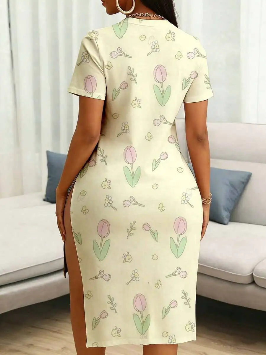 

Spring Floral Print Bodycon Dress With Side Slit For Women Casual Party Outfit