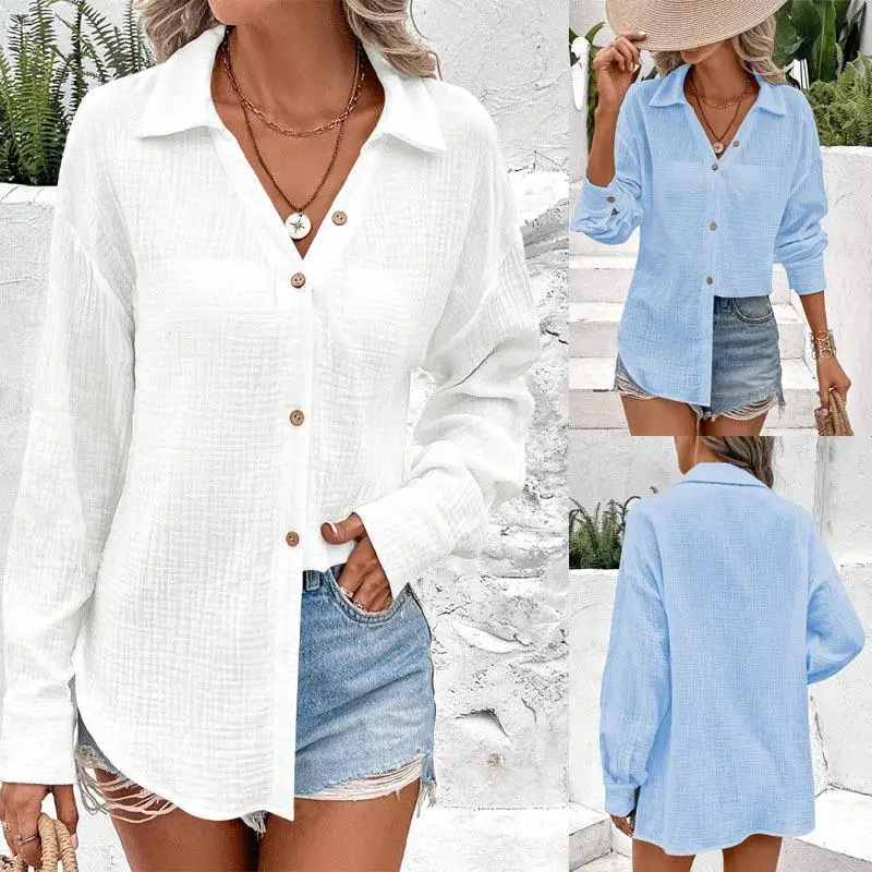 

Double Layer Pleated Loose Long Sve Pure Color irt Women's Cleanfit Sle Cross Border Faionable Button up Top