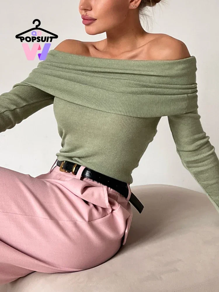 New in Spring Top Women Off Shoulder T-shirt Knit Pullover Spring Slim Fit Women\'s Long Sleeve Top Fashion Sexy Women\'s Clothing