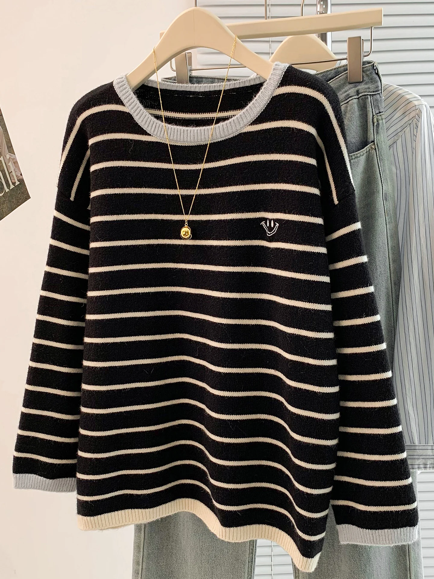 فضفاض محبوك جولة Ne سترة المرأة مكافحة الشيخوخة الشتاء أعلى البطن إخفاء اللون بلو مخطط الكورية Sle الملابس الداخلية #4