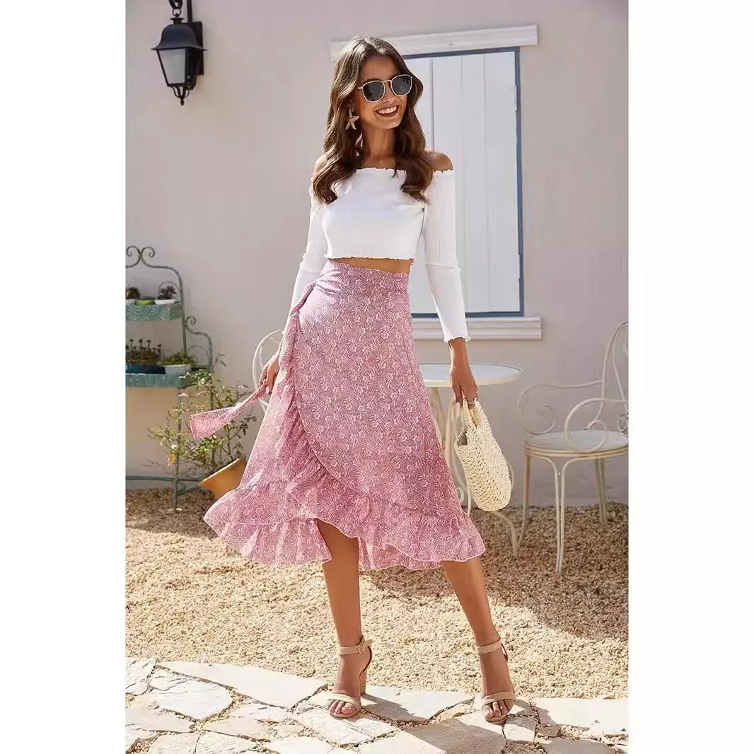 

Fashion Casual Flower Print Skirt Women Irregular Ruffles Leace-up Slit Midi Skirts Fresh And Sweet All-match Female Clothing
