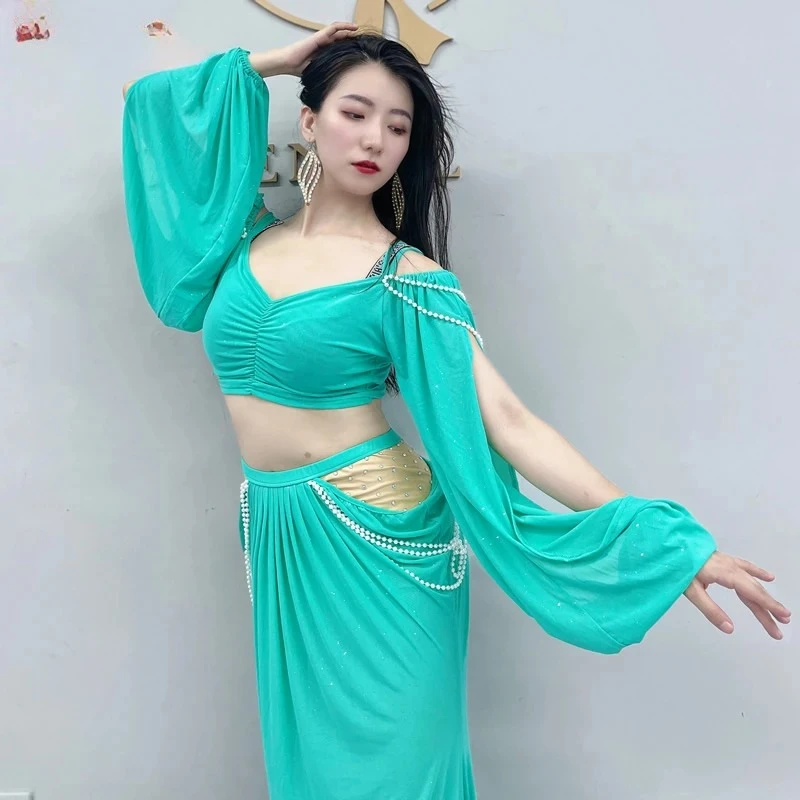 Women Mesh Pearls Sleeves Top+long Skirt 2pcs Girl's Oriental Costumes Set Female Practice Wear Outfit Belly Dance Clothing
