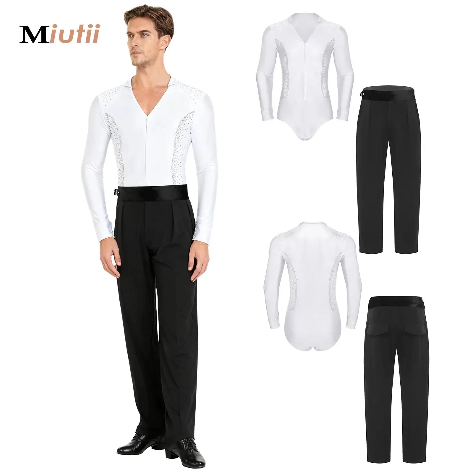 

Mens Cha-cha Ballroom Latin Tango Rumba Dancwear Long Sleeve Rhinestone Leotard+Pants Set Professional Dance Performance Clothes