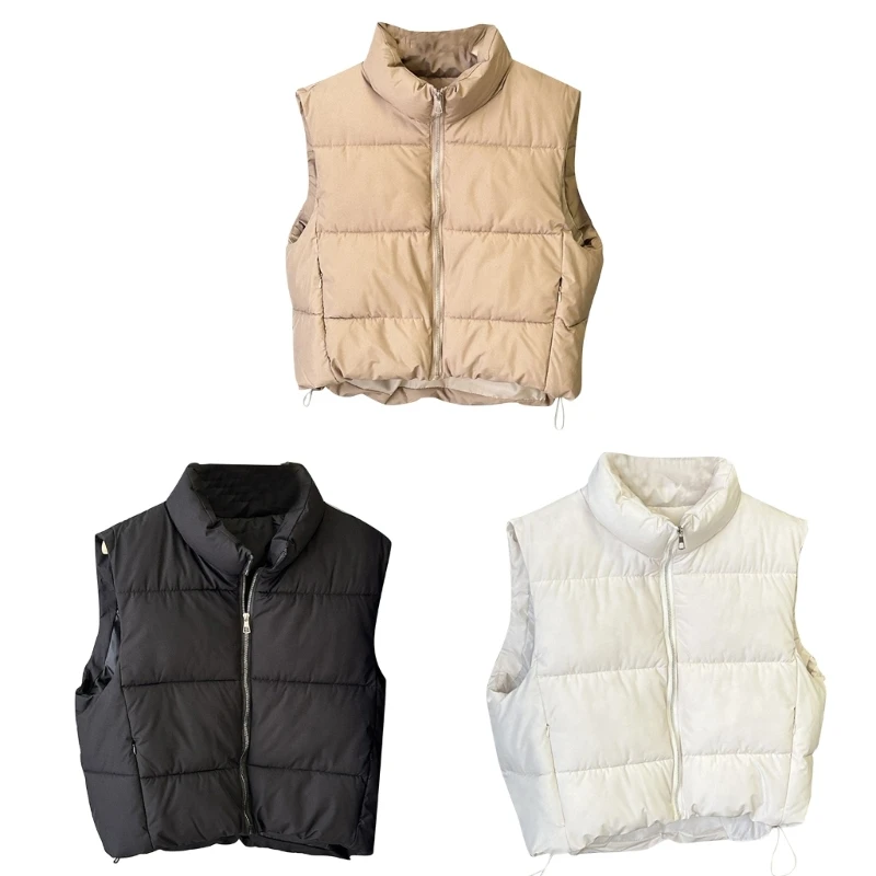 

Fashionable Women's Winter Crop Top Quilted Vest with Pockets Adjustable Drawstring Hem