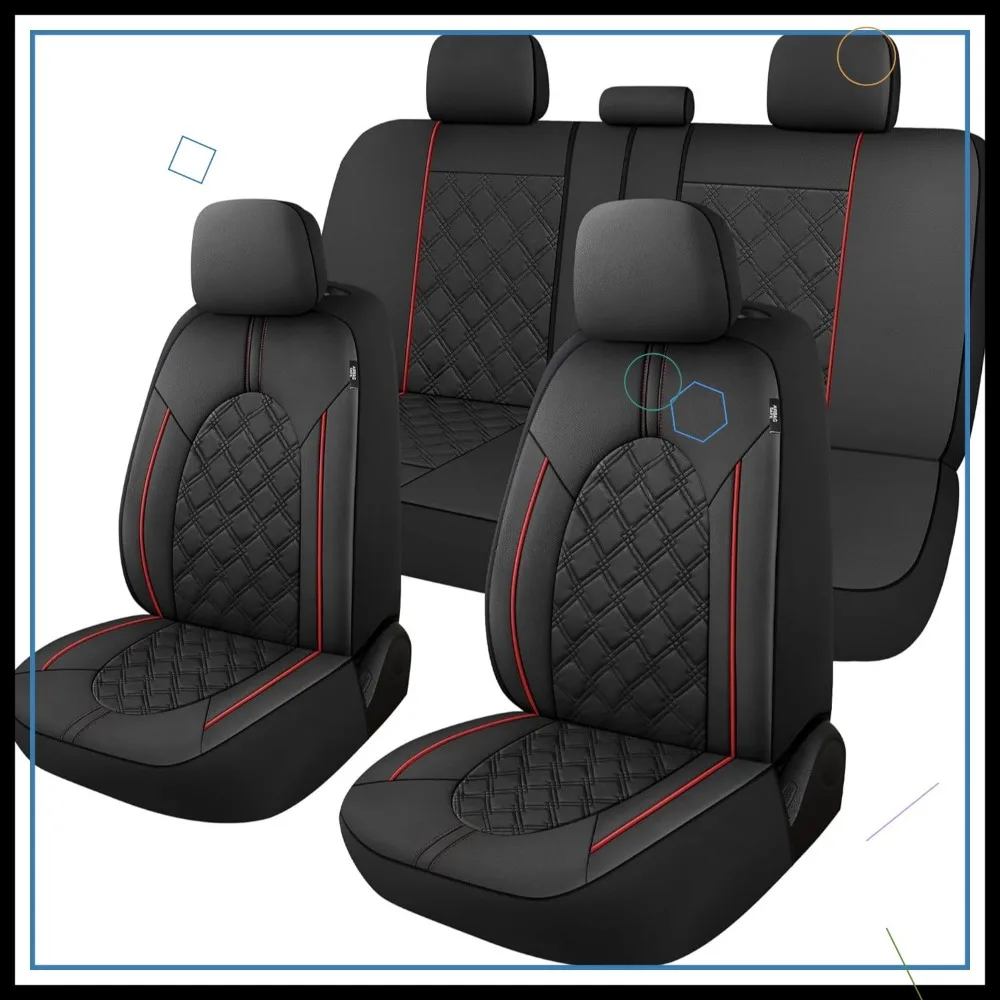 

Universal PU Leather Car Seat Covers Full Set, Non-Slip Airbag Compatible for Cars Trucks SUVs (Black/Red)