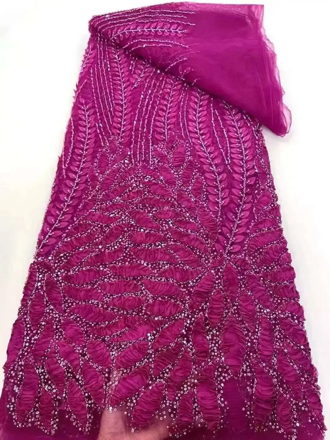 

French 3D Beaded Tulle Lace Fabric, African Beads Lace Fabric, Sequins for Evening Dresses, High Quality, 2025 Latest