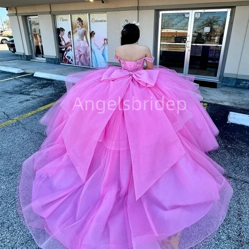 Angelsbridep-Quinceanera rosa encantador vestido fora do ombro com arco de Beading, vestido de baile, doce 16 vestidos, 2025