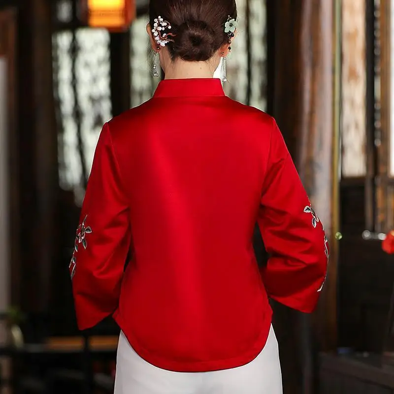 Ethnic Style Tang Suit Coat Retro Embroidery Button Chinese Top Women's Top Elegant Loose Blouse Spring and Autumn