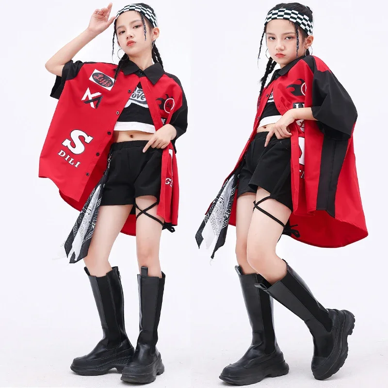 

Kpop Stage Outfit Black Red Jazz Dance Performance Costume Hip Hop Shirt Girl Fashion Vest Shorts Children Street Dancwear