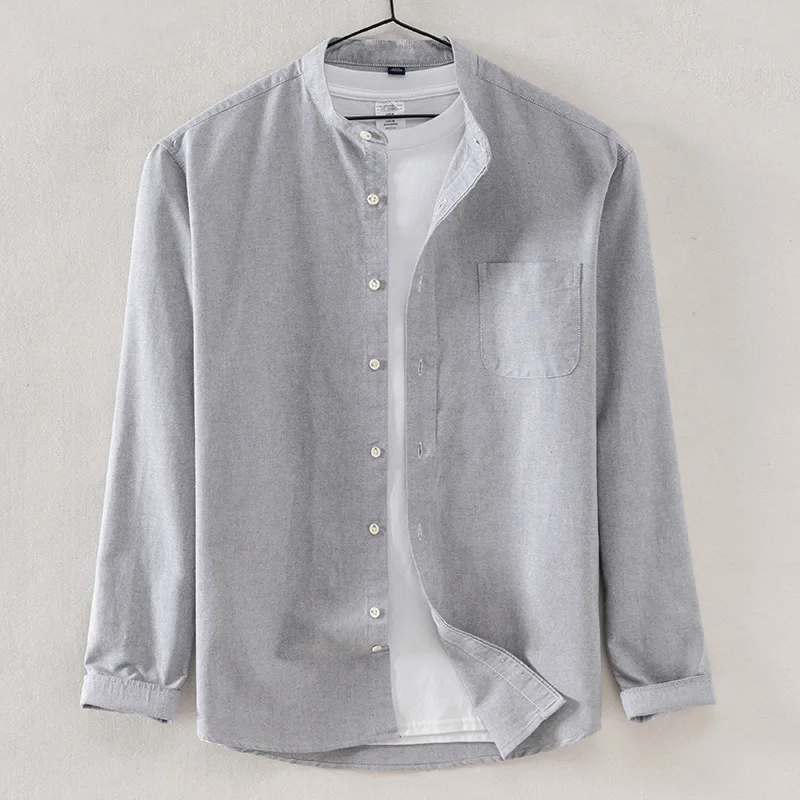 New Autumn Cotton Oxford Men\'s Shirt Solid Color Long Sleeve Stand Collar Blouse Designer Clothes Spring Social Shirts for Men