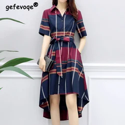 Elegant Fashion Plaid Belt Bow Asymmetrical Long Dresses Summer 2025 New Short Sleeve Polo-neck Tunic Midi Dress Female Clothing