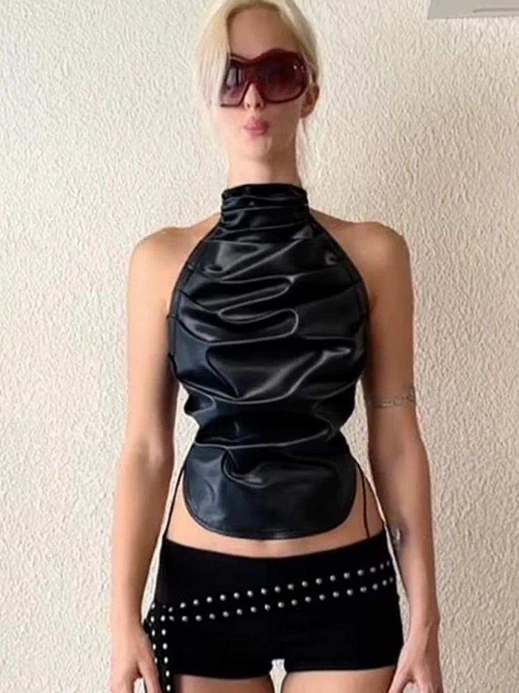 Dziewczęce topy na ramiączkach z imitacji skóry PU w stylu Y2K z dziwnymi marszczeniami, bez rękawów, z bandażami, odkrytymi plecami, wiązane na szyi, w stylu hip-hop, seksowne, nocne topy.