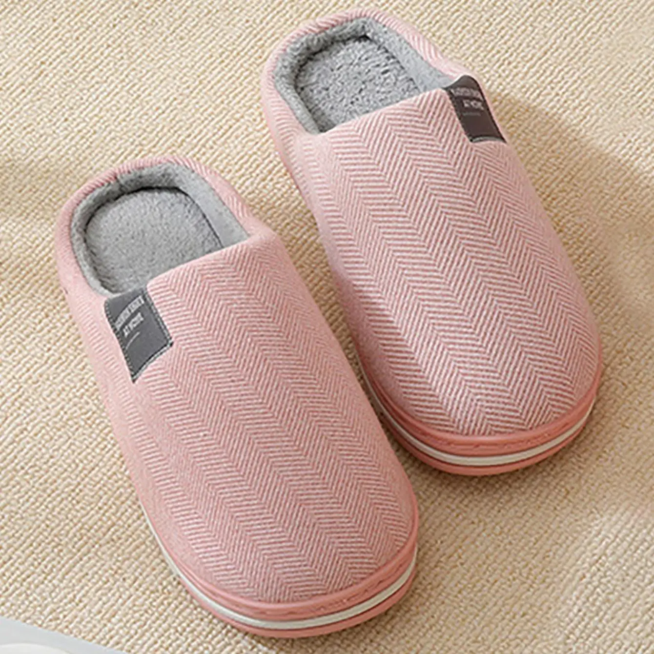 

Women Cotton Slippers Pink Winter Warm Indoor Home Non-slip Slides Shoes Cozy Couple Fleece Slippers Thick Soles Female Footwear