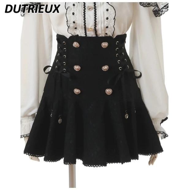 Lolita Japanese Style Lace Fashion Casual Double-Breasted Lace Bow High Waist Skirt Sweet Cute Women's Skirts Summer 2024 New