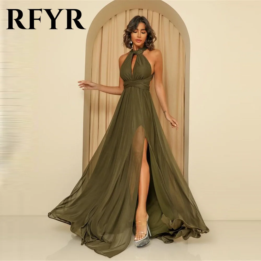 

RFYR Elegant Green Evening Dress with Pleat Beach Arabic Israel Prom Dress Halter Sleeveless Formal Women Party Gown Customized