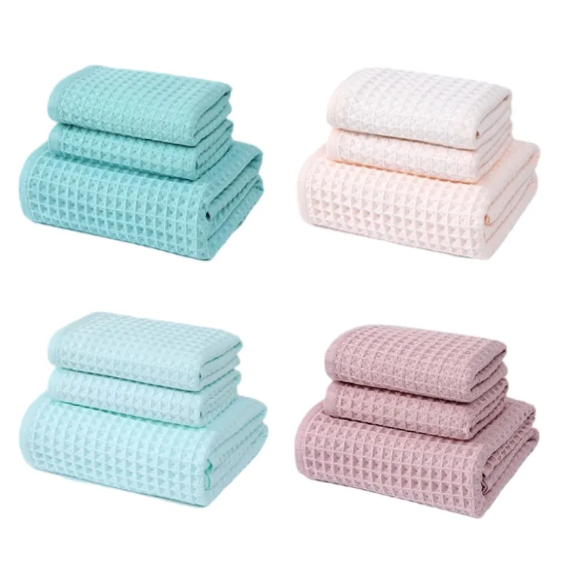 

Ultra Soft 3 Piece Waffle Bath Towel Set 100% Cotton Highly Absorbent Quick Drying 1 Bath Towel 70x140cm 2 Hand Towels 34x74cm