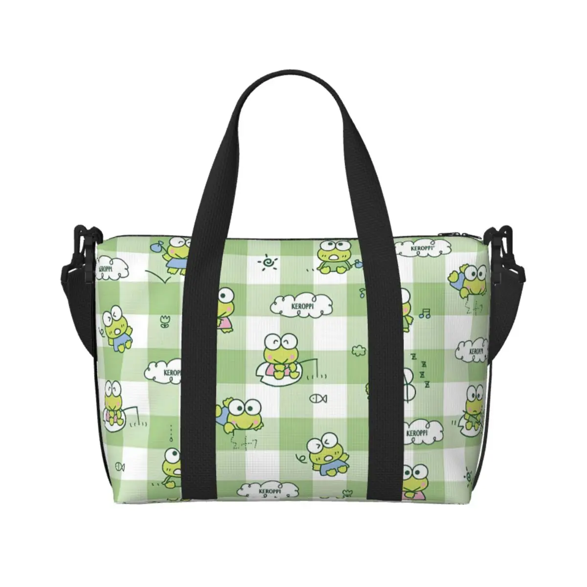 

Custom Keroppi Adorable Grocery Shopping Tote Bags Women Large Capacity Big Eyed Frog Beach Gym Travel Bags