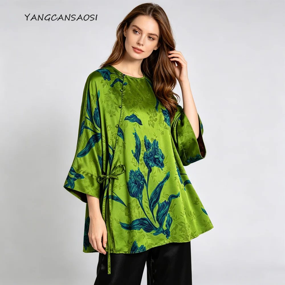 Women's Fashion Autumn New Green Printing 100% Natural Mulberry Silk Fragrant Cloud Yarn Jacquard Diagonal Collar Strap Shirt