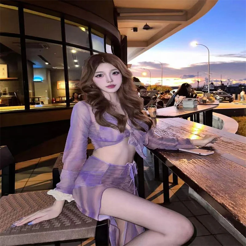 

2025 Women's Swimsuit Purple Long Skirt Sexy Bikini Four Piece Swimsuit Set Hotel Hot Spring Beach Vacation
