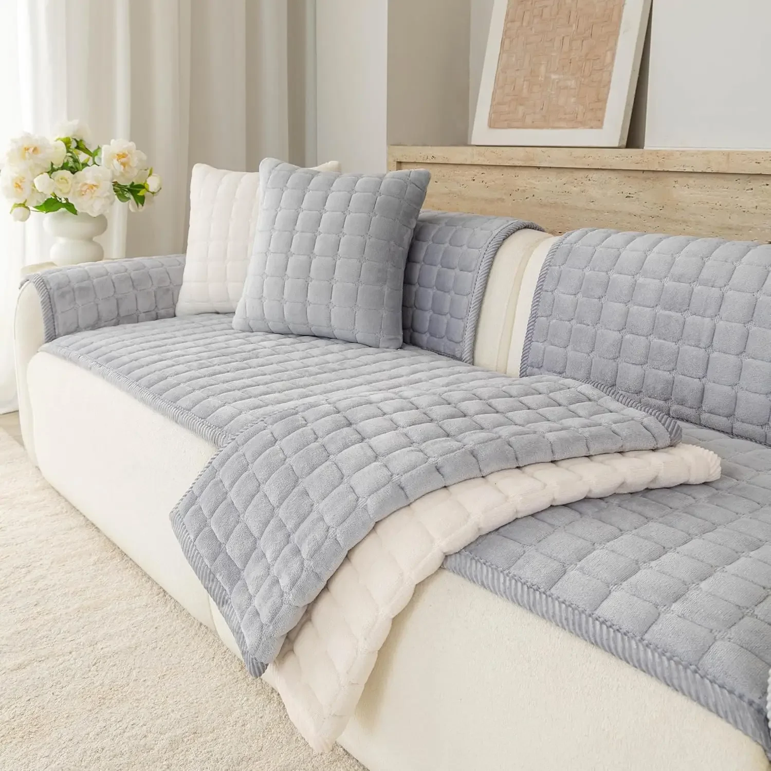 Dark Grey Flannel Sofa Cushion Covers Grid Quilted Thick Warm Seat Cover Non-Slip Anti-Scratch Sofa Protector for Living Room