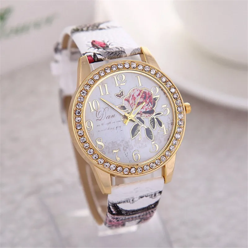 fashion Women rhinestone Rose flower pattern PU leather quartz Watch