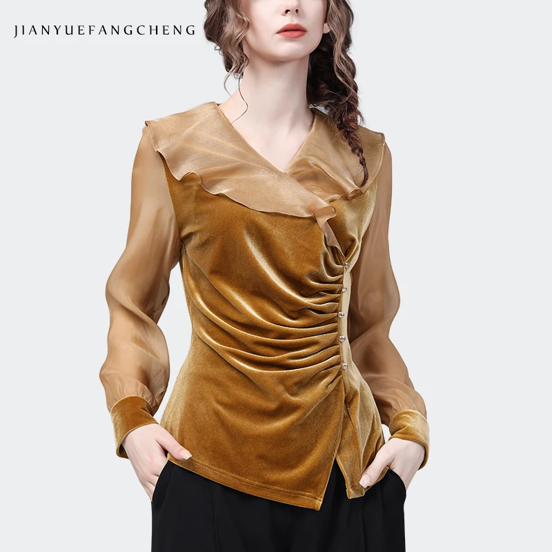 Camisa de manga larga con volantes para mujer, blusa de terciopelo amarillo brillante, nuevo diseño empalmado de Organza satinada, blusas informales de moda 2023