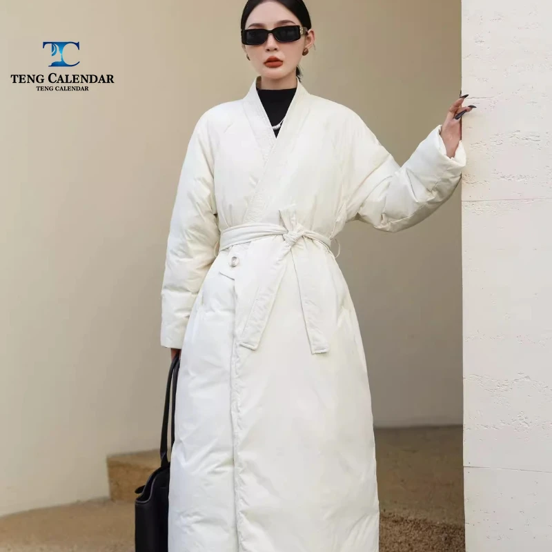 Winterdonsjack, hoogwaardige knielengte luie stijl taille cinched witte eendendonsjas, dames 2025, nieuwe stijl