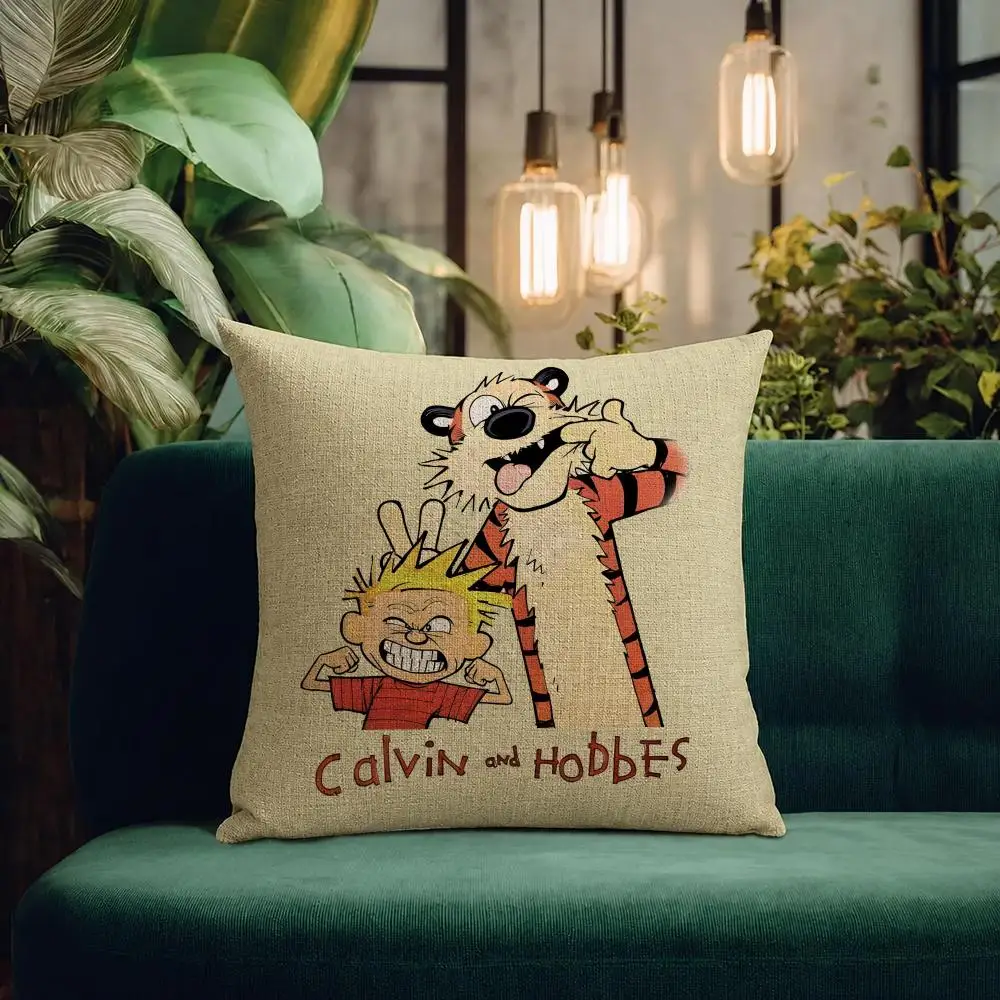 Comic Calvin and Hobbes Cushion Cover Natural Linen Pillowcase Set Cushion Cover for Sofa Bedroom Chair