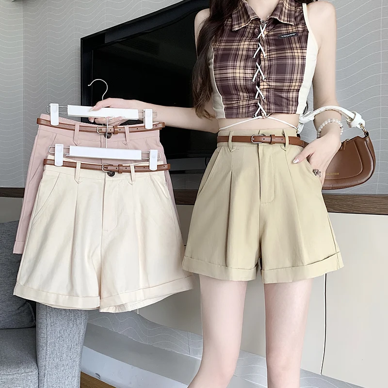 

2024 Summer Versatile Workwear Wide Legged Pants High Waist A-line Shorts Belt 4-point Pants for Casual Women