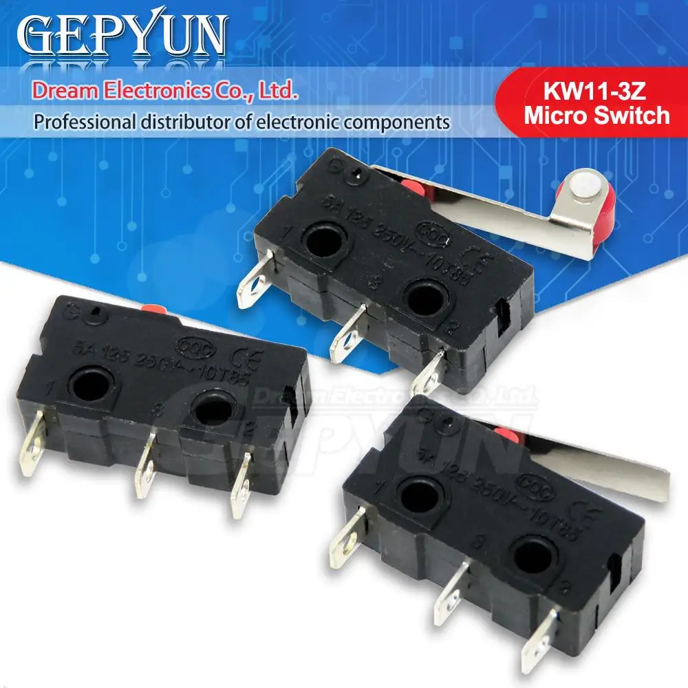 10PCS/lot 3pin KW11-3Z Micro Switch Limit Switch 5A 250VAC Mini With Pulley  Interrupteur Handle Push Button Switch