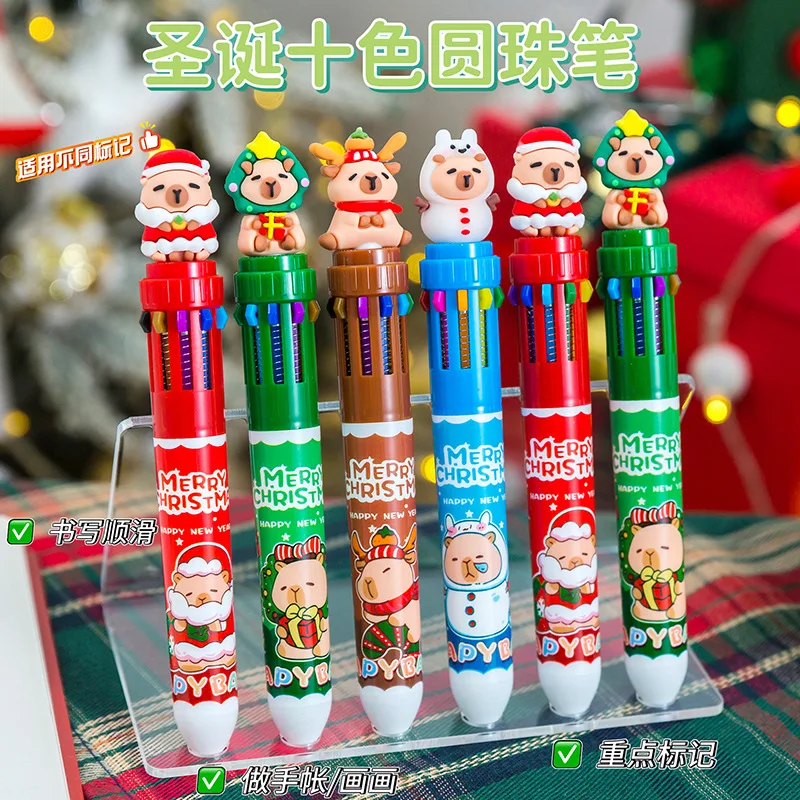 12 قطعة عيد الميلاد كابيبارا عشرة ألوان أقلام حبر جاف لطيف طالب الملونة كتيب دفع عيد الميلاد القرطاسية الهدايا العودة إلى المدرسة