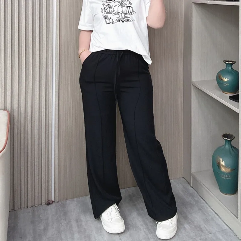 Spring Summer New Plus Size Casual Straight Pants Women Loose Elastic High Waist Ice Silk Full Length Suit Pants