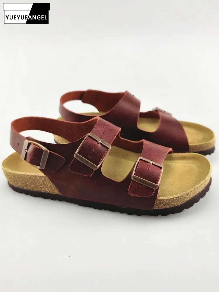 

Retro Style Male Genuine Leather Platform Sandals Solid Color Buckle Strap Breathable Hard Wearing Cow Suede Beach Shoes