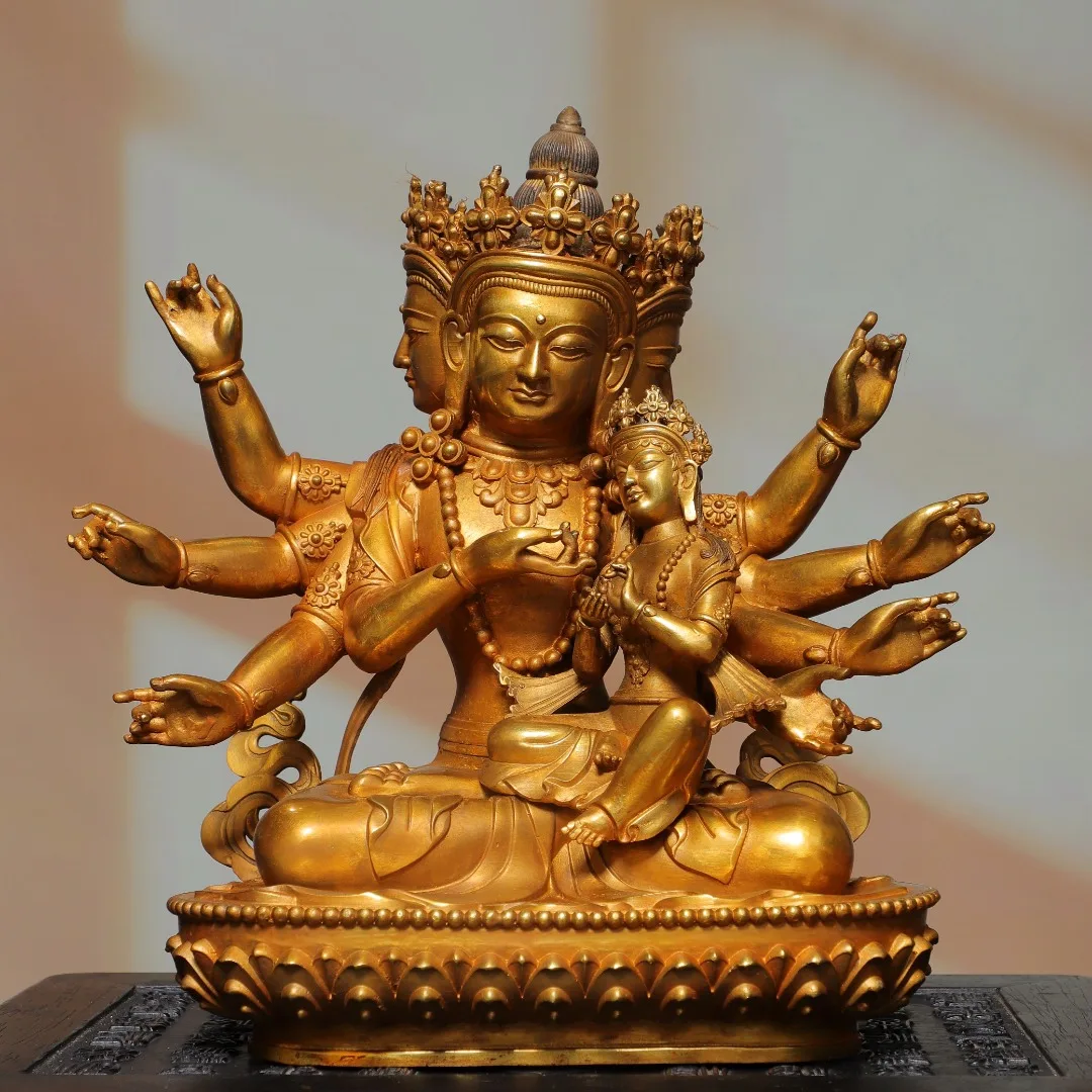 Old Bronze Gilded Cinnabar High Relief Ushnishavijaya Sitting Buddha Six arm Buddha Lotus Terrace Worship Hall Town house