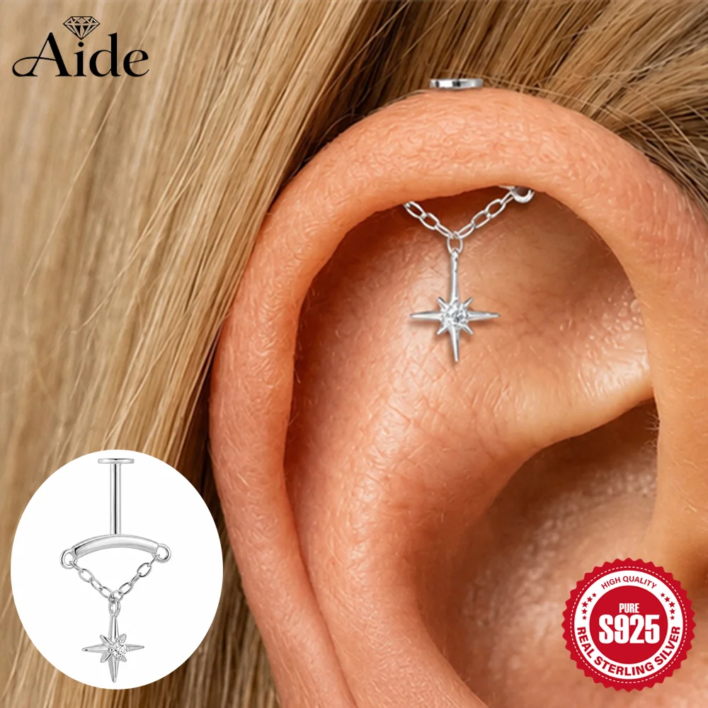 AIDE 1 Stück 925 Sterling Silber Achteckiger Stern Anhänger Quaste für Frauen Vertikaler Piercing-Ohrring 16G Knorpel Helix Feiner Schmuck