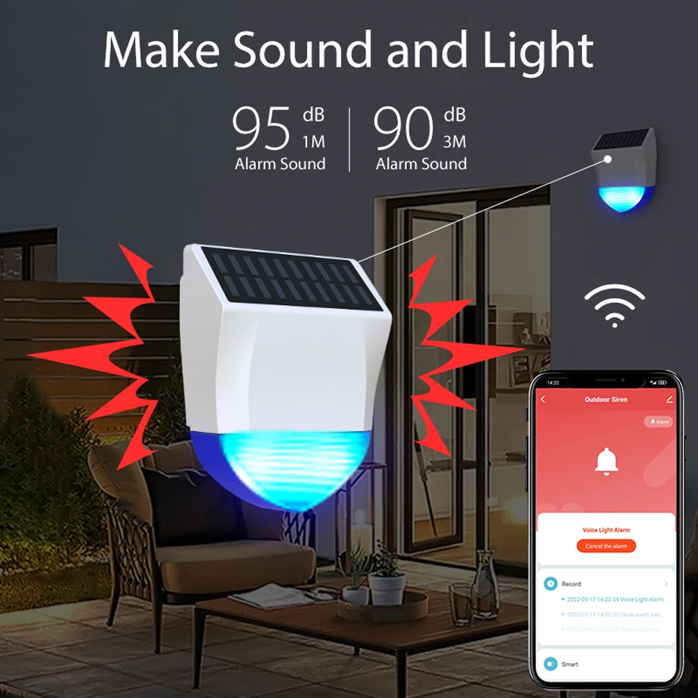 Imagem -04 - Tuya-smart Wifi Sound Light Siren Alarm Energia Solar ao ar Livre Bluetooth Ipx5 Impermeável Tamper Alarm Sensor com Bateria