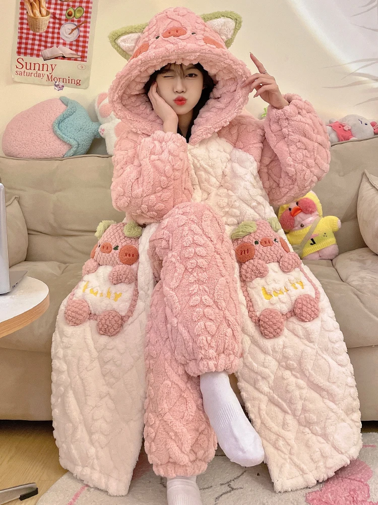 

Pajamas Trousers Women's Suit Thickened Warm Autumn and Winter Coral Fleece Fleece-Lined Hooded Cartoon Cute Bathrobe Home Wear