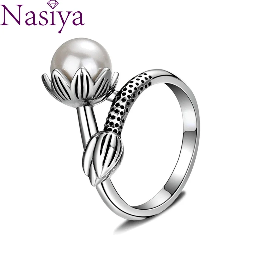 

S925 Sterling Silver Rings 8MM Natural Pearl Ring Flower Shape Vintage Creative Fashion Jewelry for Women Anniversary Gift